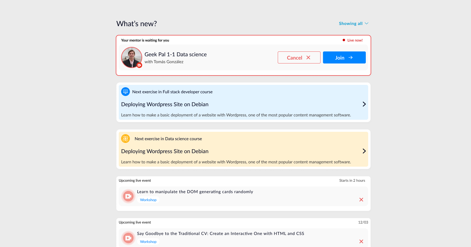 System notifications — live session alerts, mentor messages and enrollment reminders