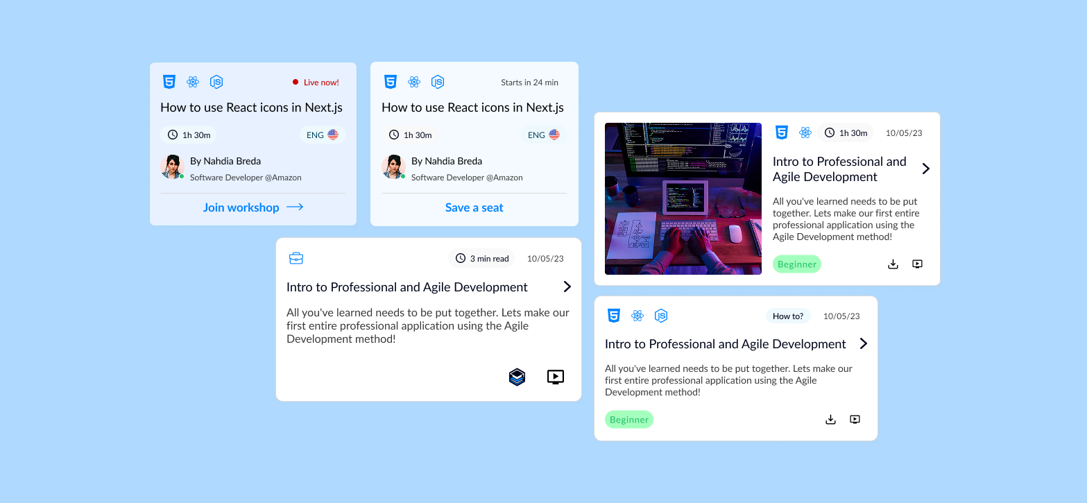Asset cards — Lesson, Project and Exercise variants