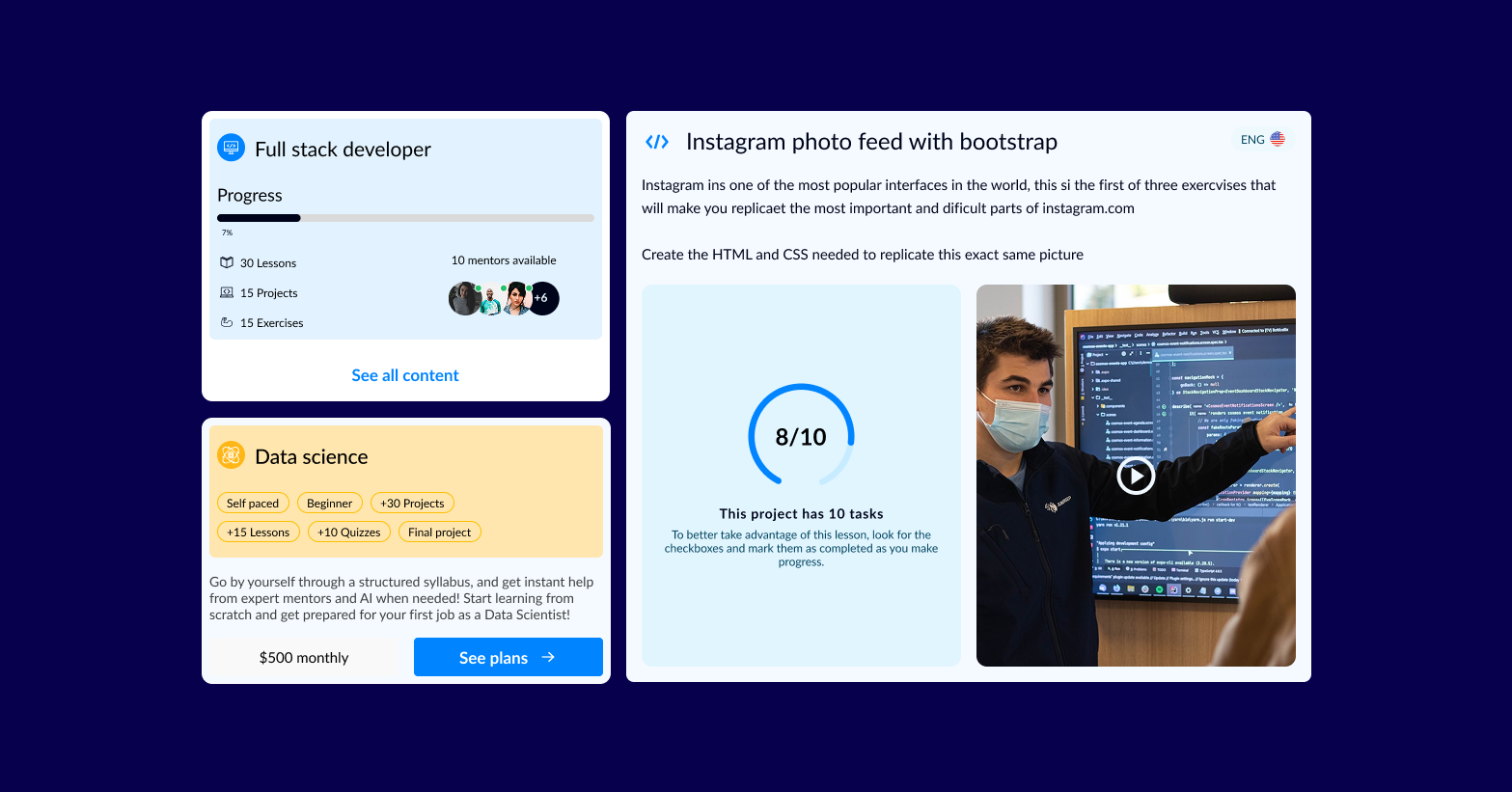 Course cards — Machine Learning, Data Science and Full Stack variants