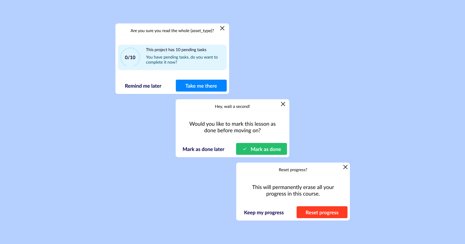 Modals — survey, mark as done and reset progress variants