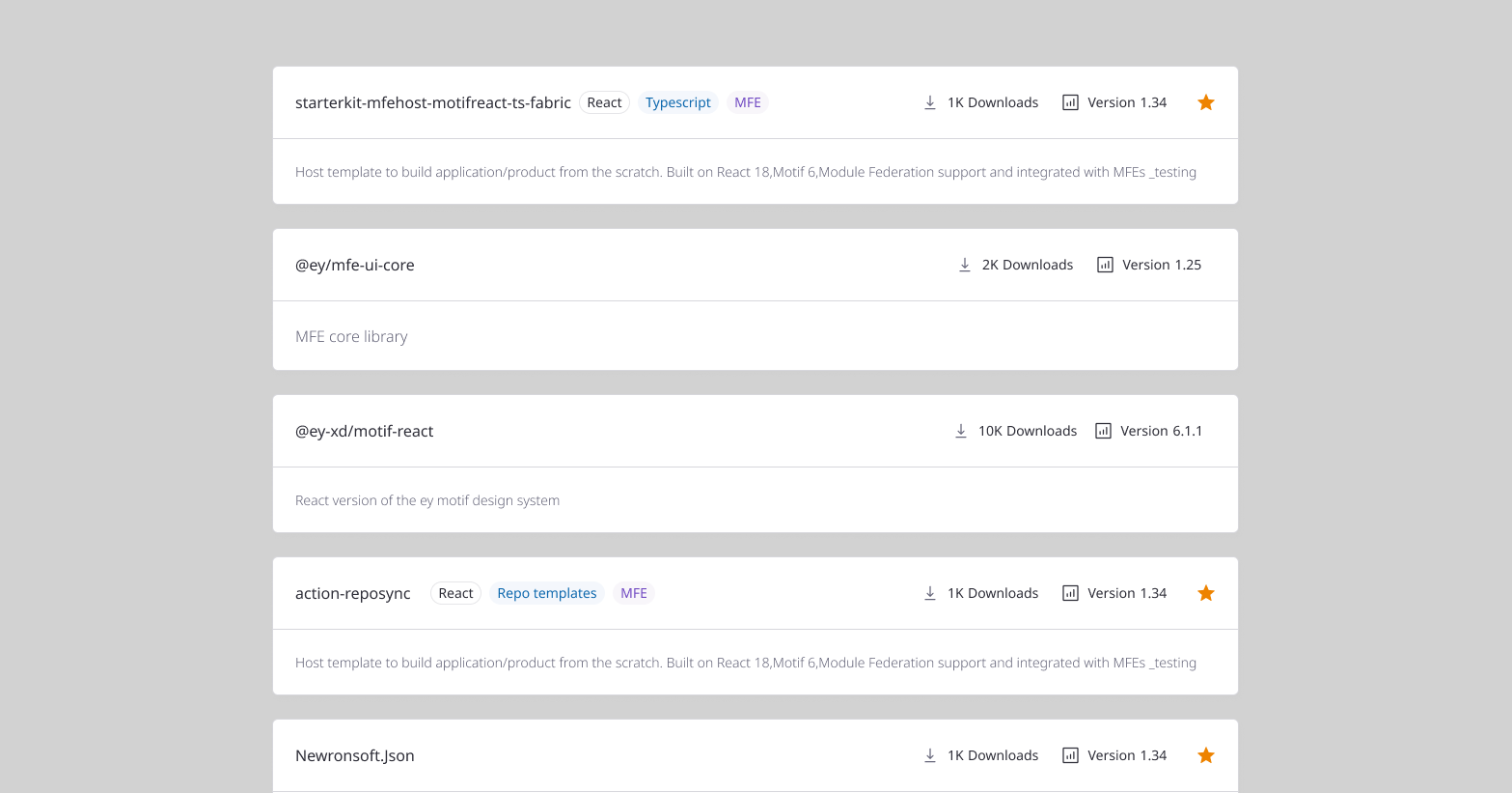 InnerSource package list — cards with downloads, version and tags
