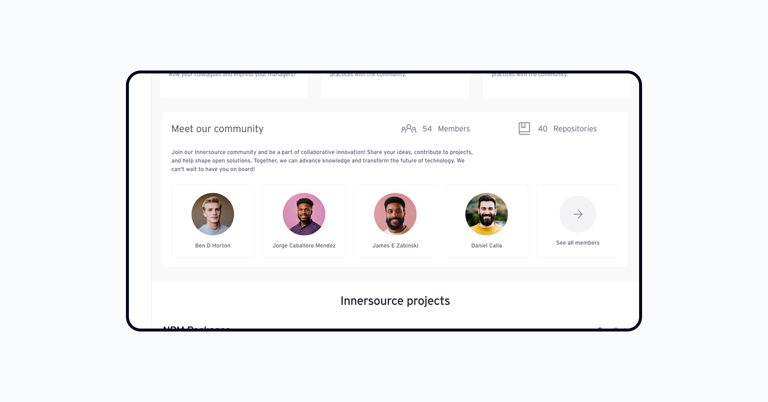 InnerSource platform — community and project discovery view
